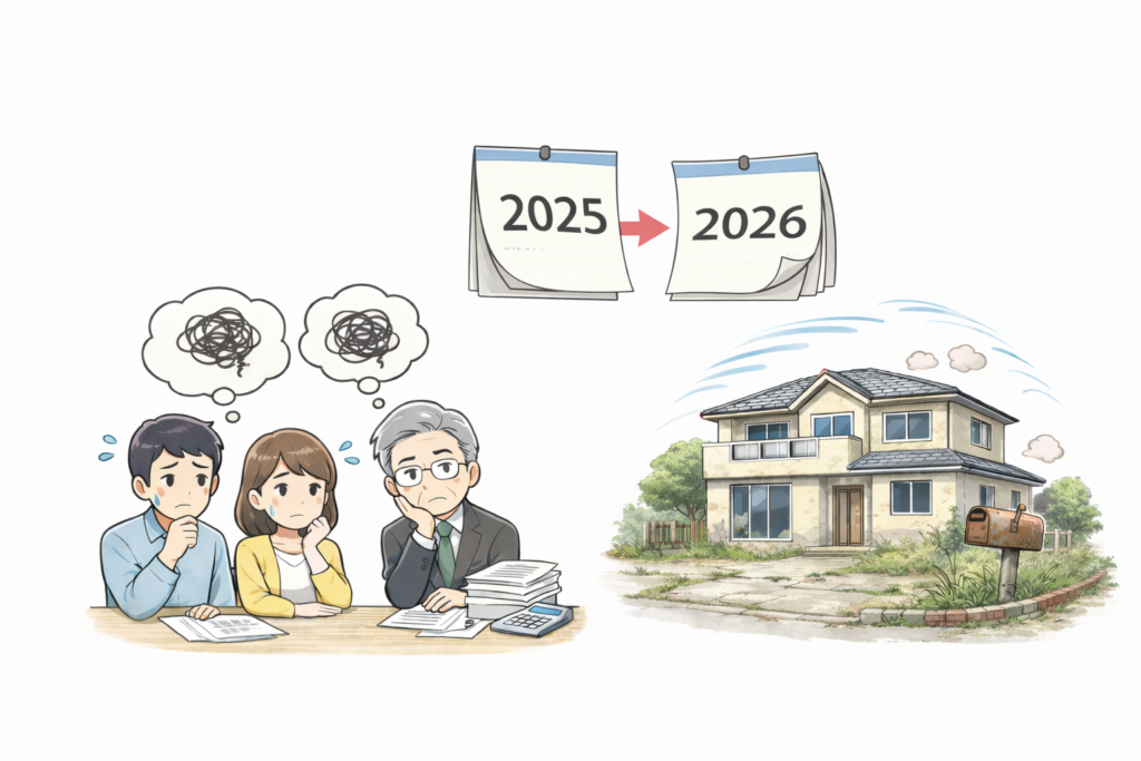 相続した空き家のことで悩んでいる相続人と思わしき年配の男性と夫婦